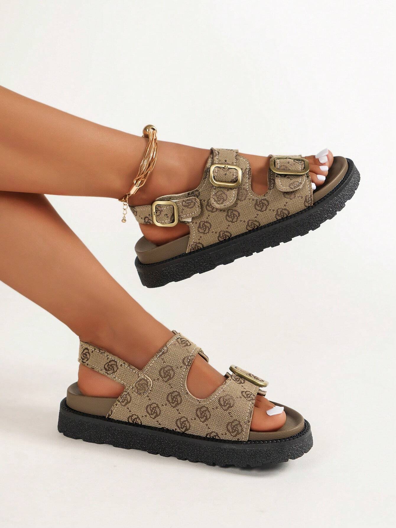 Textured Buckle Slide Sandals