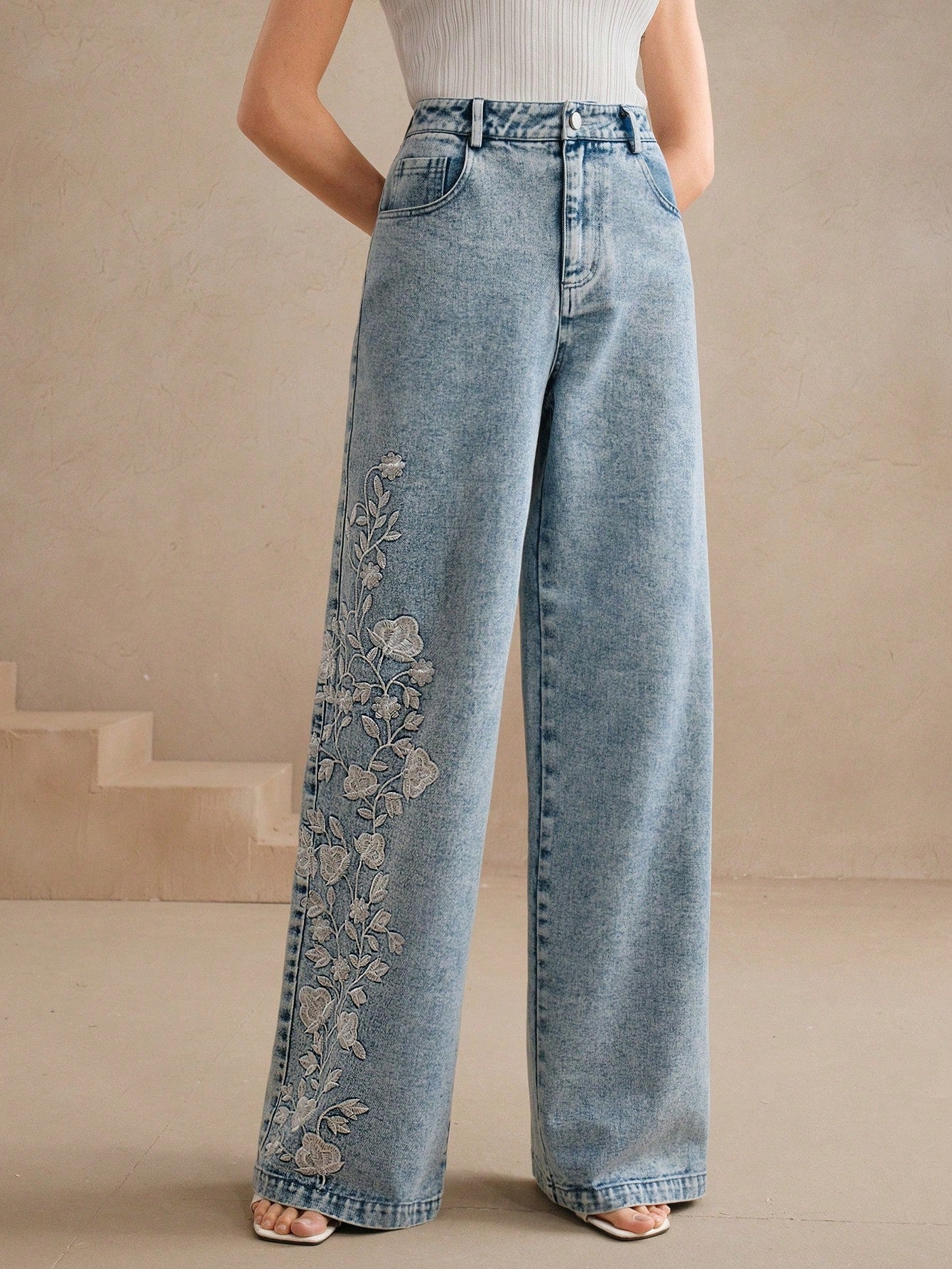 Floral Embroidered Wide-Leg Jeans
