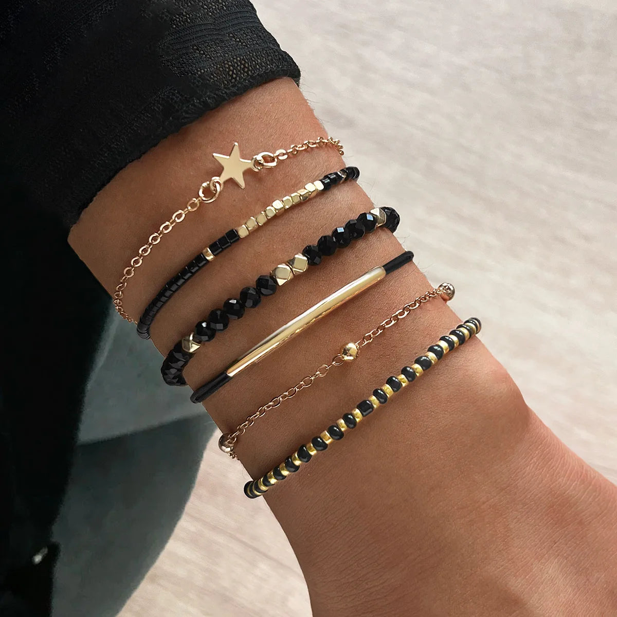 Black & Gold Beaded Bracelet Set