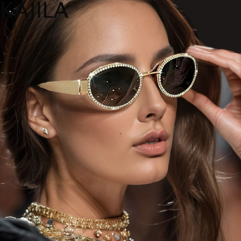 Gold Crystal Oval Sunglasses