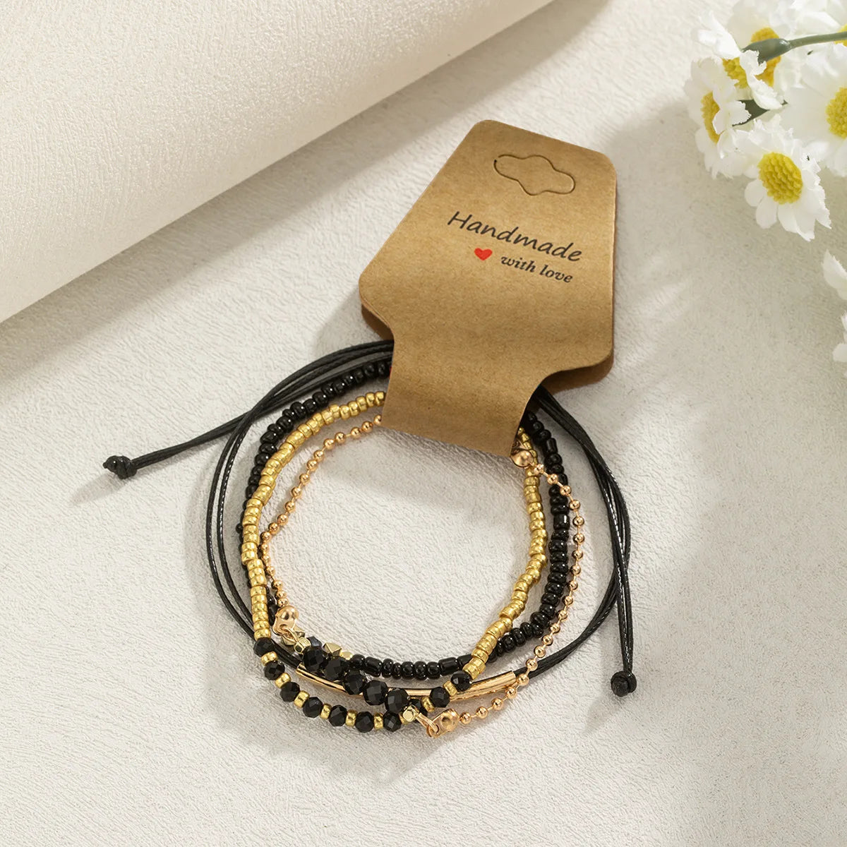Black & Gold Beaded Bracelet Set
