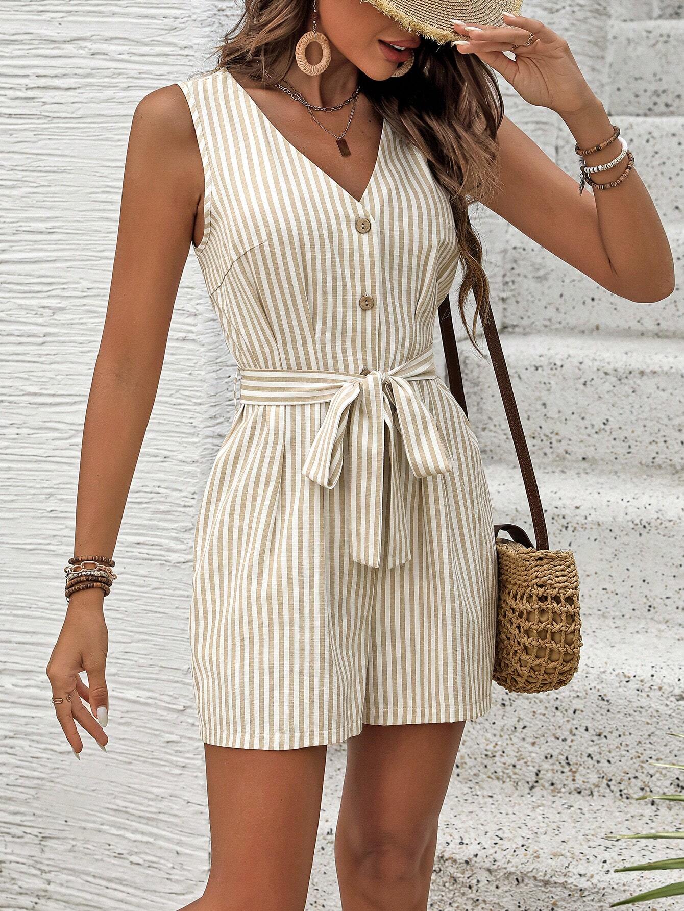 Striped Belted Romper