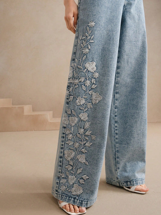 Floral Embroidered Wide-Leg Jeans