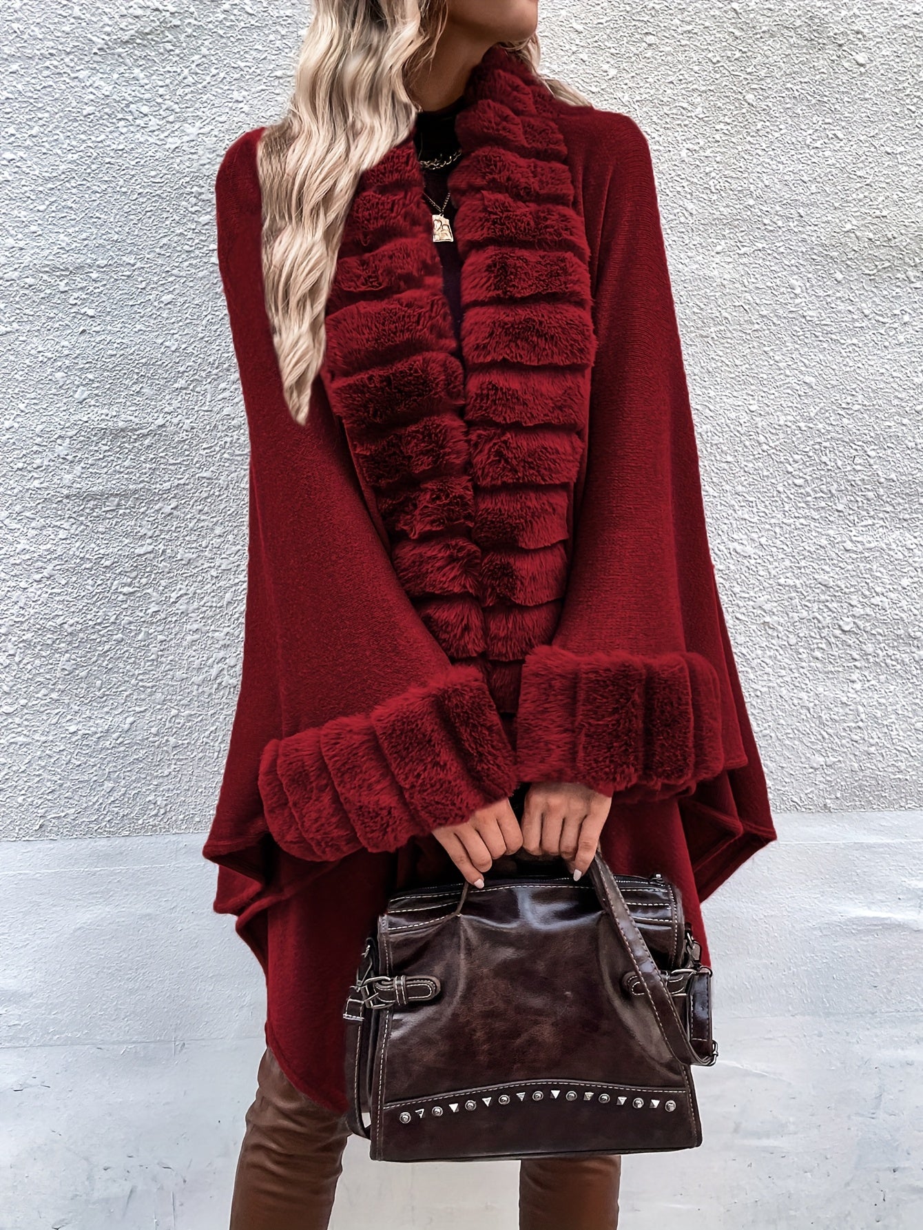 Faux Fur Trimmed Cape Wrap