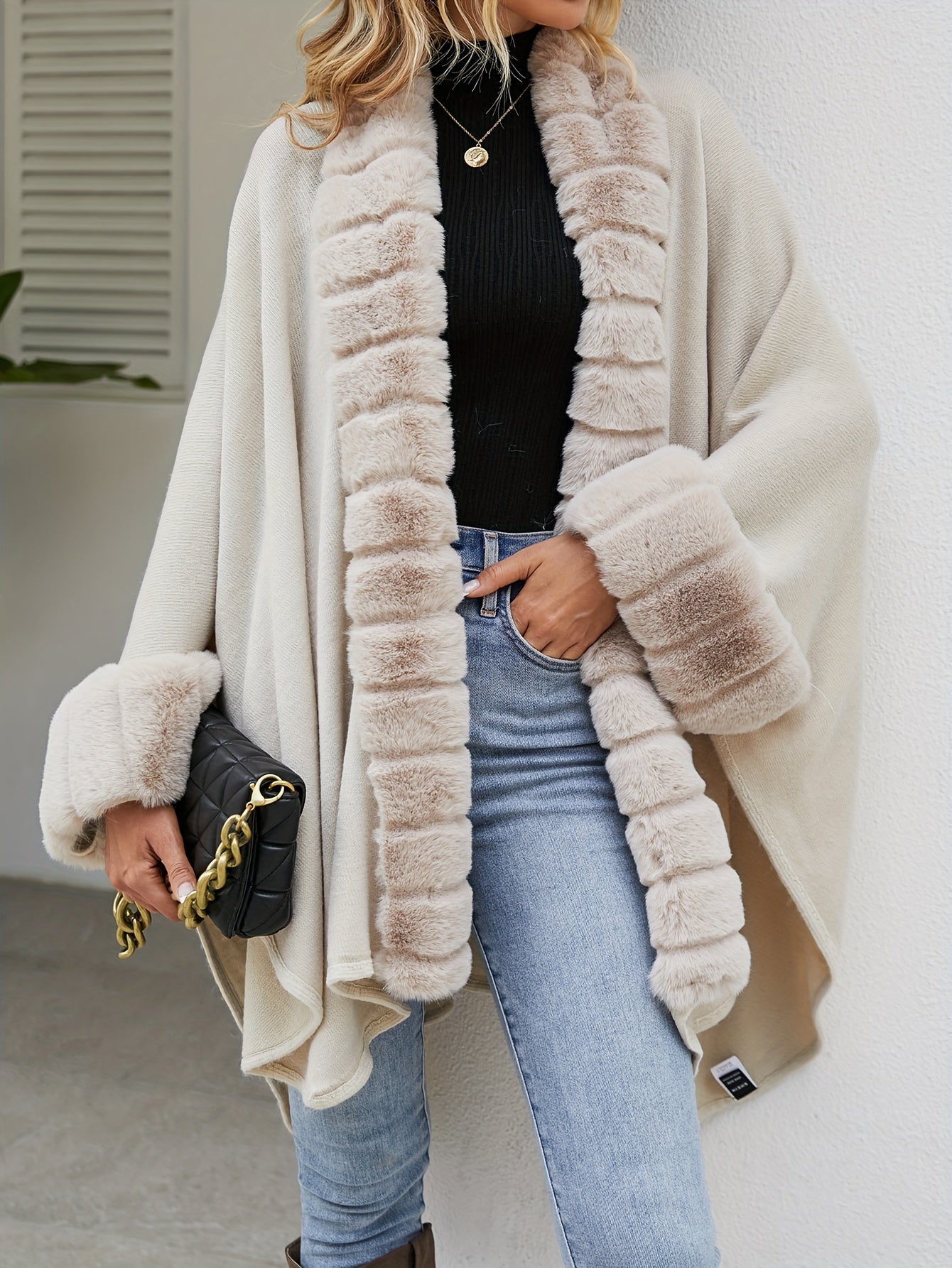 Faux Fur Trimmed Cape Wrap