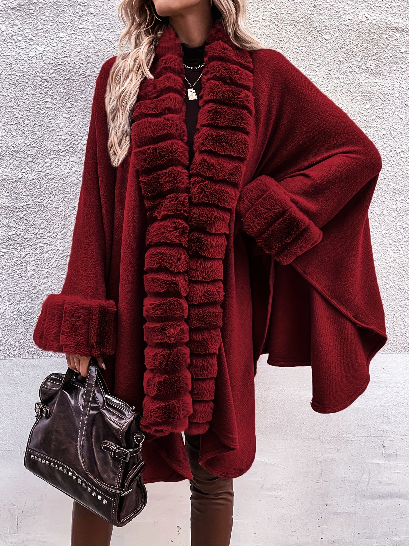 Faux Fur Trimmed Cape Wrap