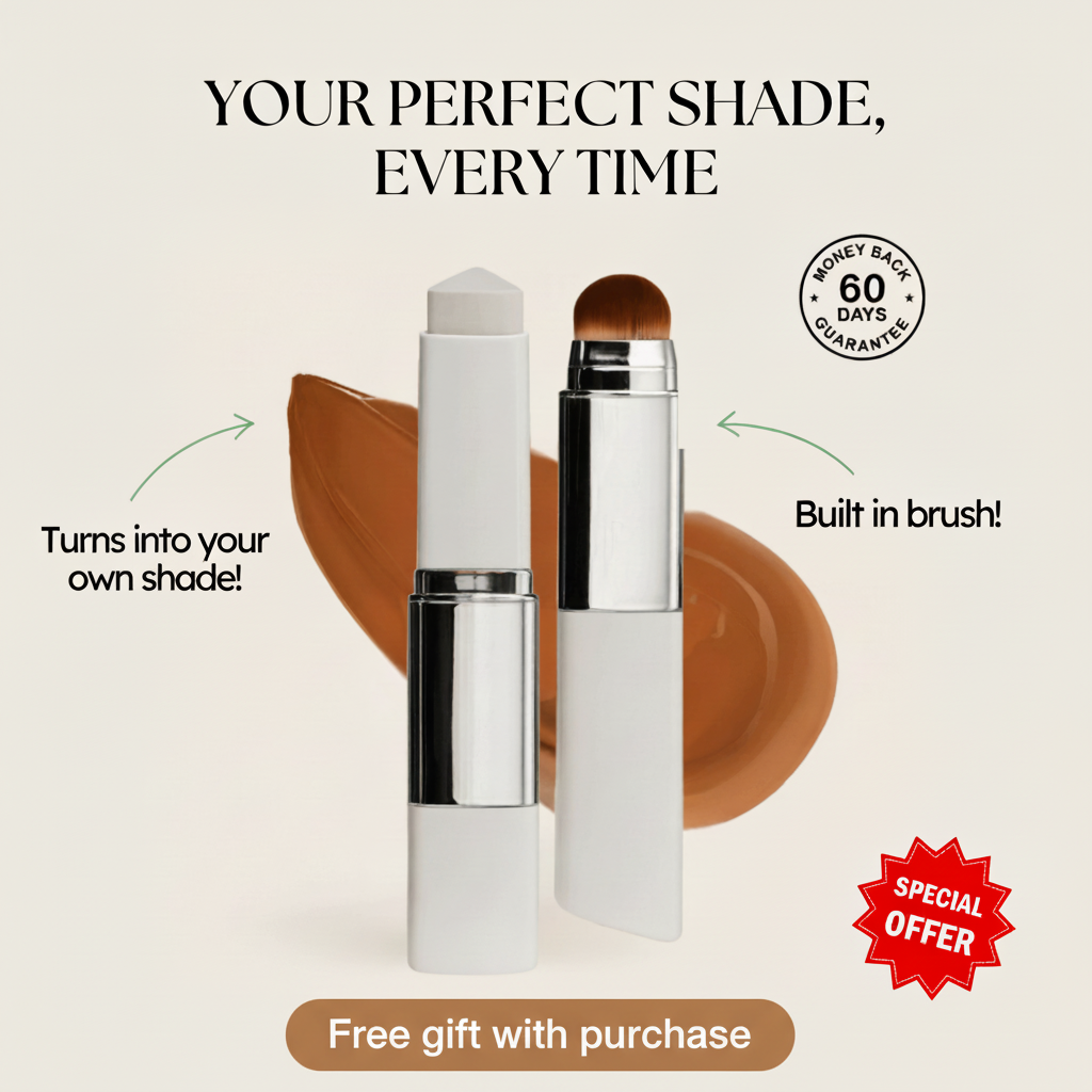 Makeup stick with brush and promotional text on a beige background
