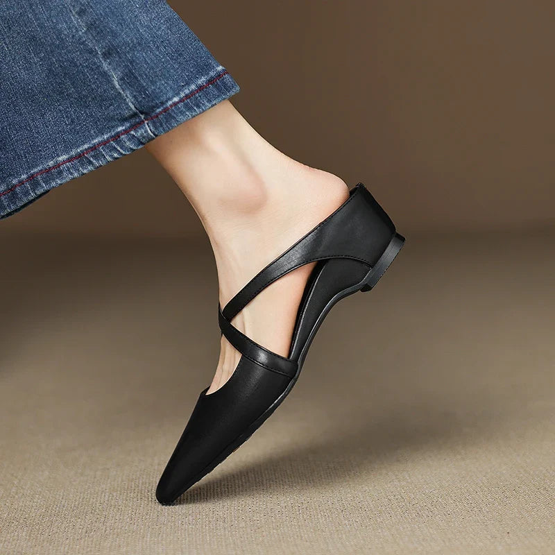 Rosalie Cross-Strap Leather Mules