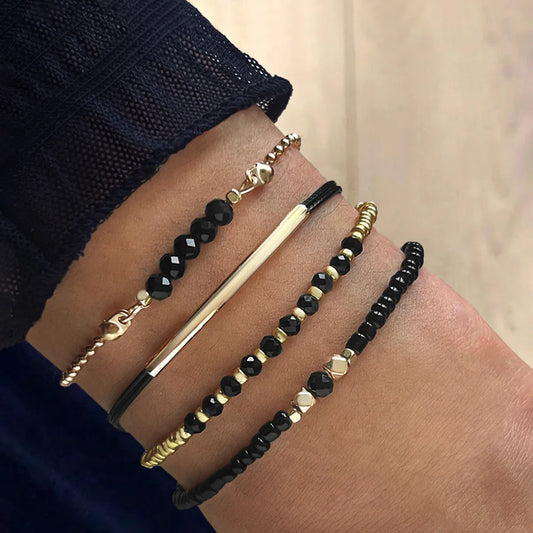 Black & Gold Beaded Bracelet Set