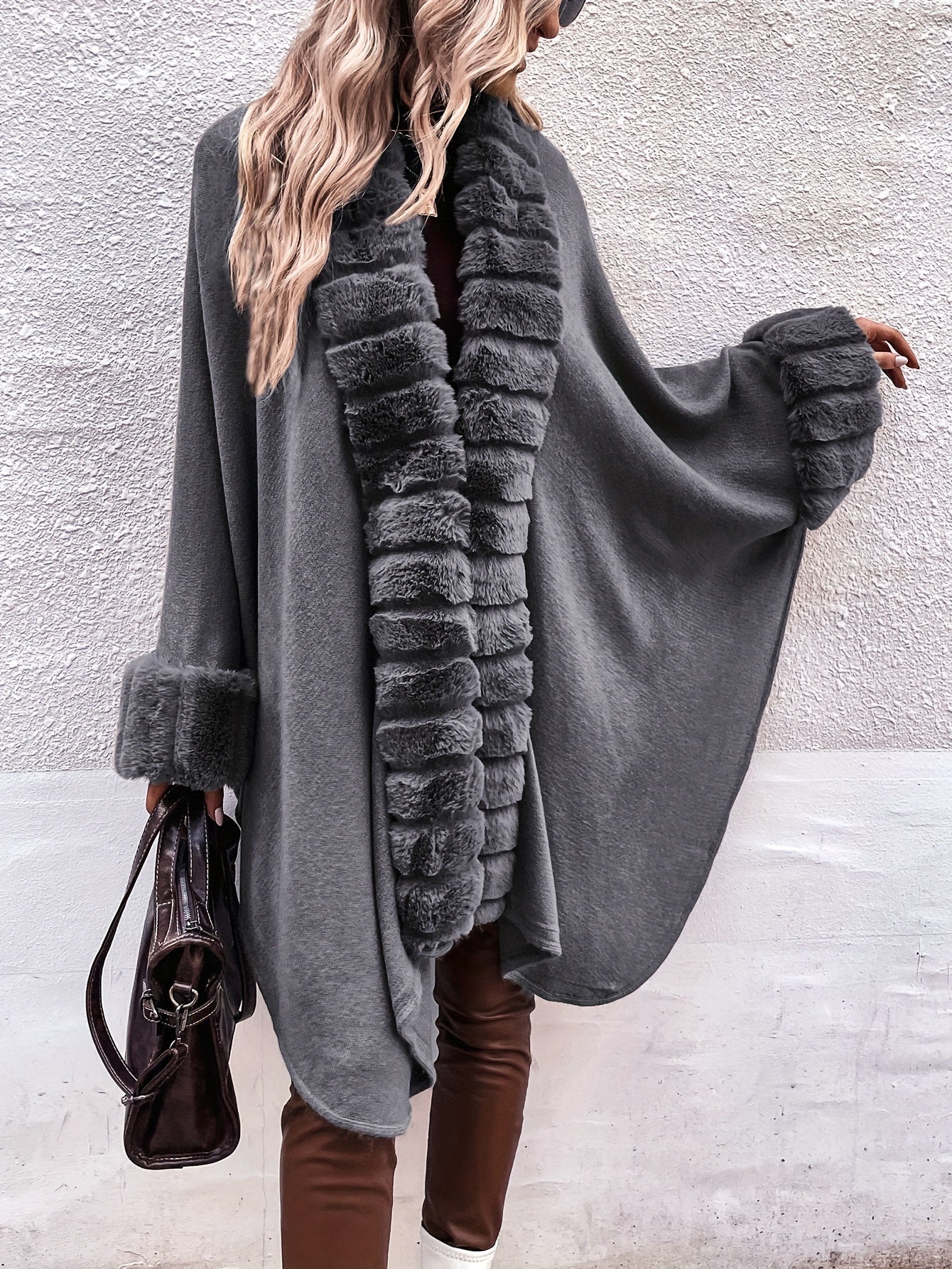 Faux Fur Trimmed Cape Wrap